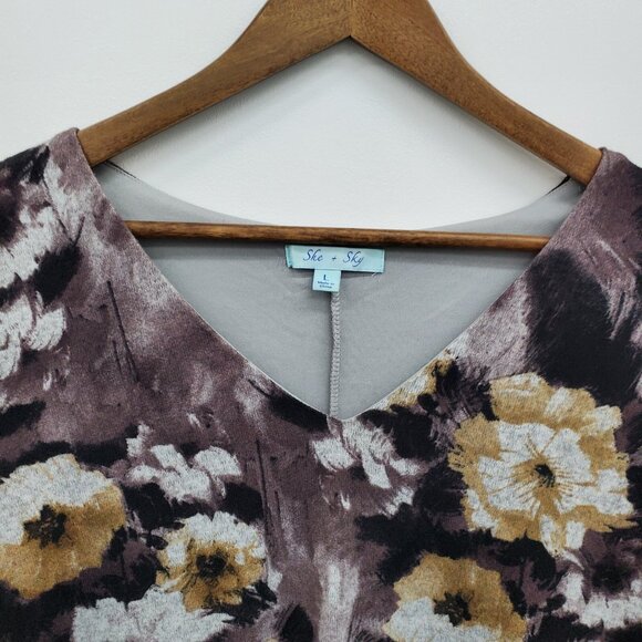 Womens L Boho Floral Mini Dress Long Sleeve Purple Yellow V-Neck Tunic Lined - Picture 12 of 15